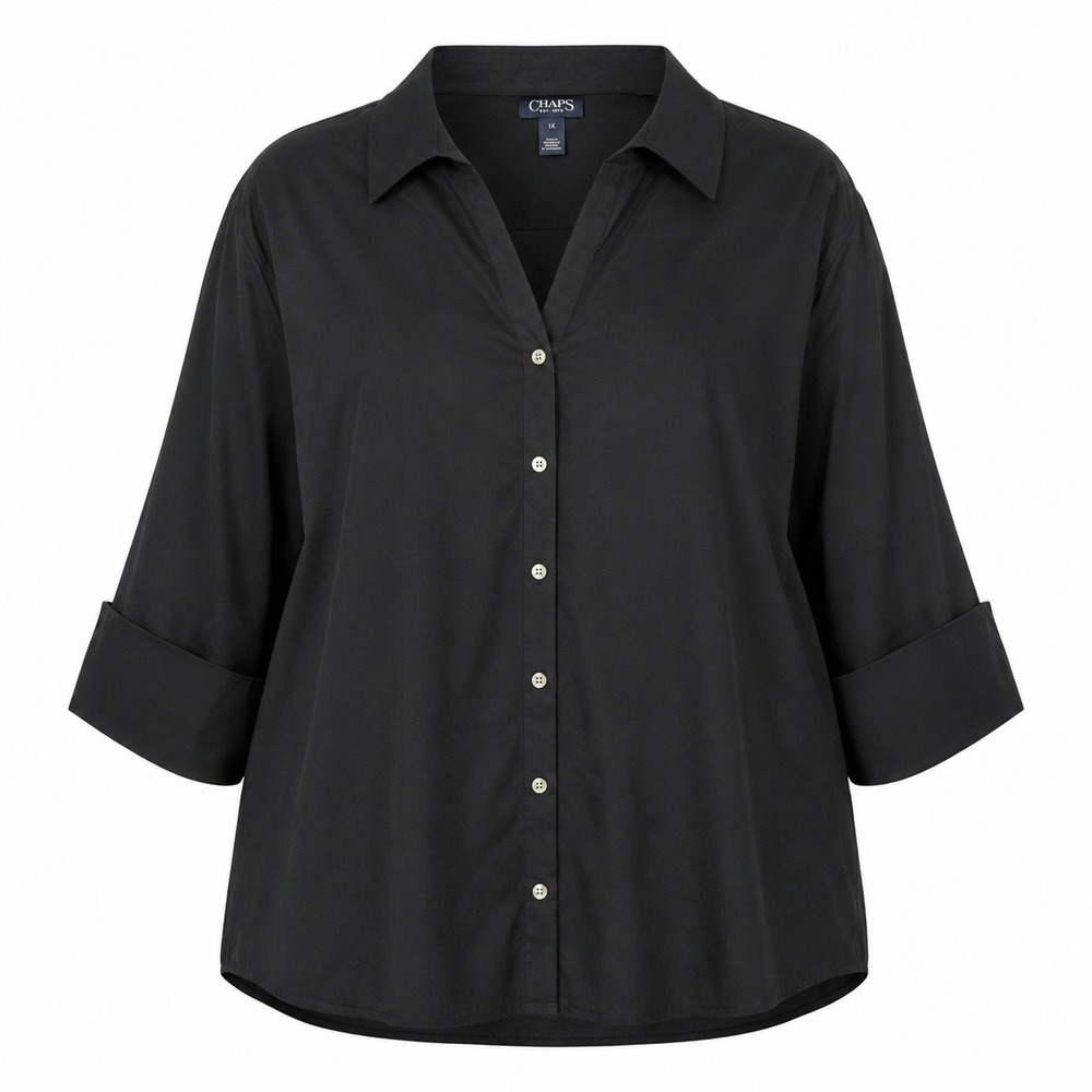 Lands' End Button Down Shirt Women 26W Black No Iron 3/4 Sleeve Plus Size Office